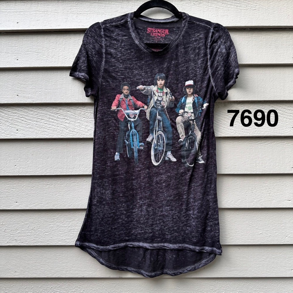 Stranger Things Netflix Graphic T-Shirt Black Burnout Acid Wash Kids on Bikes L